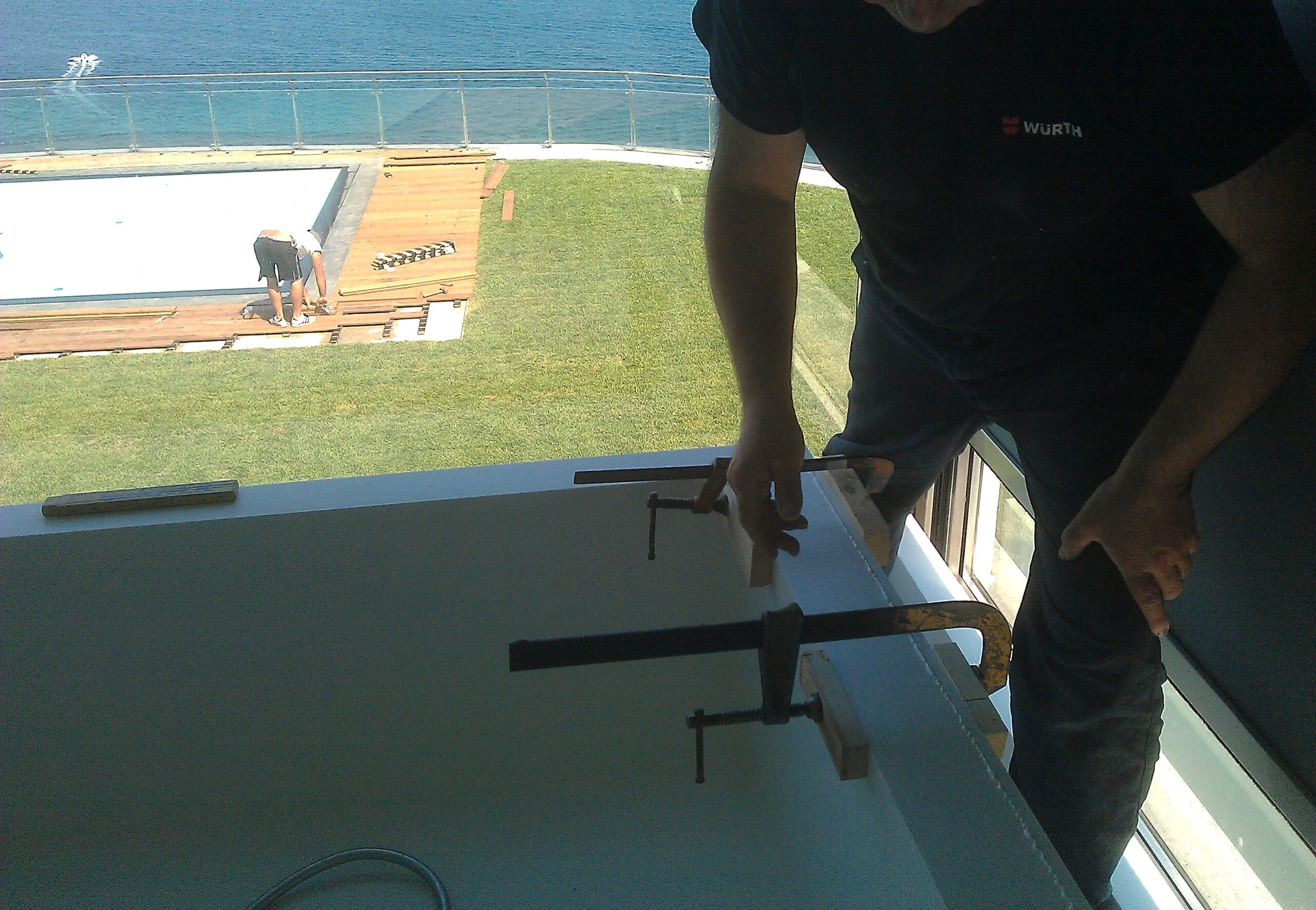The Corian bath being made