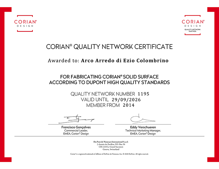 Certificato Corian Quality Network di Arco Arredo di Ezio Colombrino, partner n. 1195